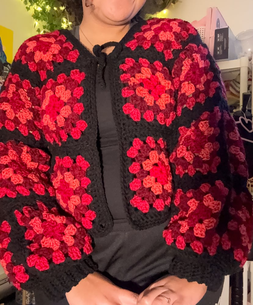 Image of Red Granny Square Tie-Front Sweater