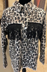 Image 3 of Vintage Leopard Print Denim Black Fringe Jacket Johnny Cash