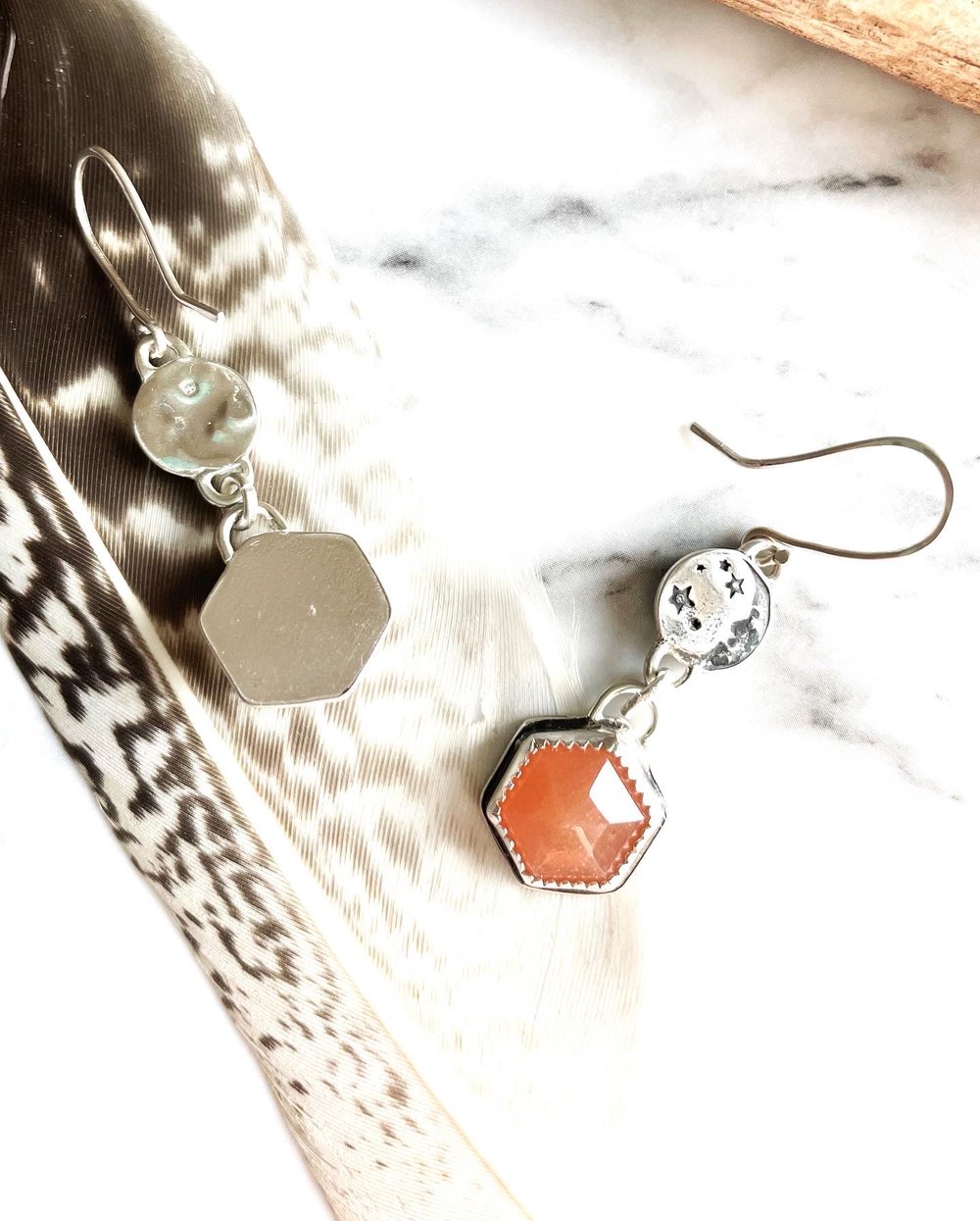 Handmade Sterling Silver Man In The Moon Peach Moonstone Earrings 925