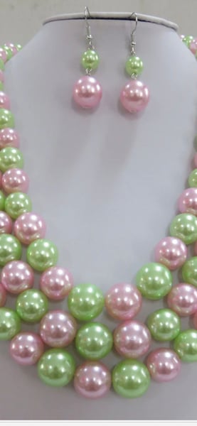 Image of Jasmine 3 STRAND PINK GREEN NECKLACE SET