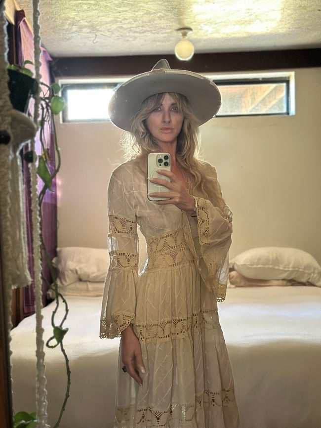 early 1970s Mexican pintucked fan sleeve cotton wedding maxi dress