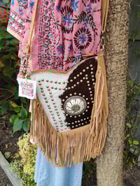 Image 2 of Yellowstone cowboy print suede fringe  Brown cream tan
