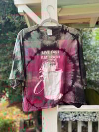 Image 1 of 2XL CROP TOP Live Fast Eat Trash Raccoon REVERSE Tie Dye shirt 