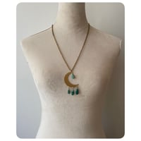 Image 3 of Solid Brass Moon Pendant Necklace - Turquoise Teardrops