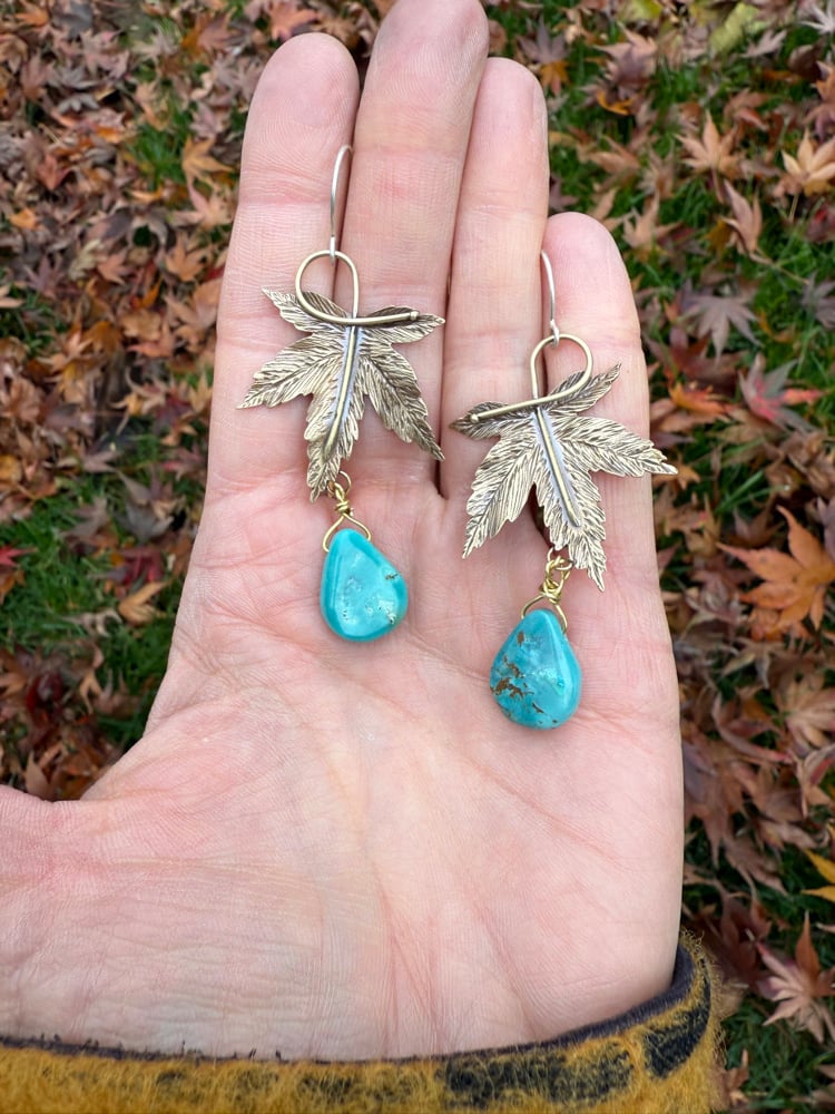 Image of Brass Japanese Maple Leaf Turquoise Earrings