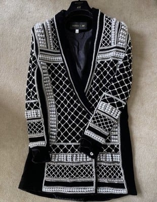 Image of BALMAIN x HM BLACK VELVET EMBELLISHED BLAZER DRESS (US 10/EU 40)
