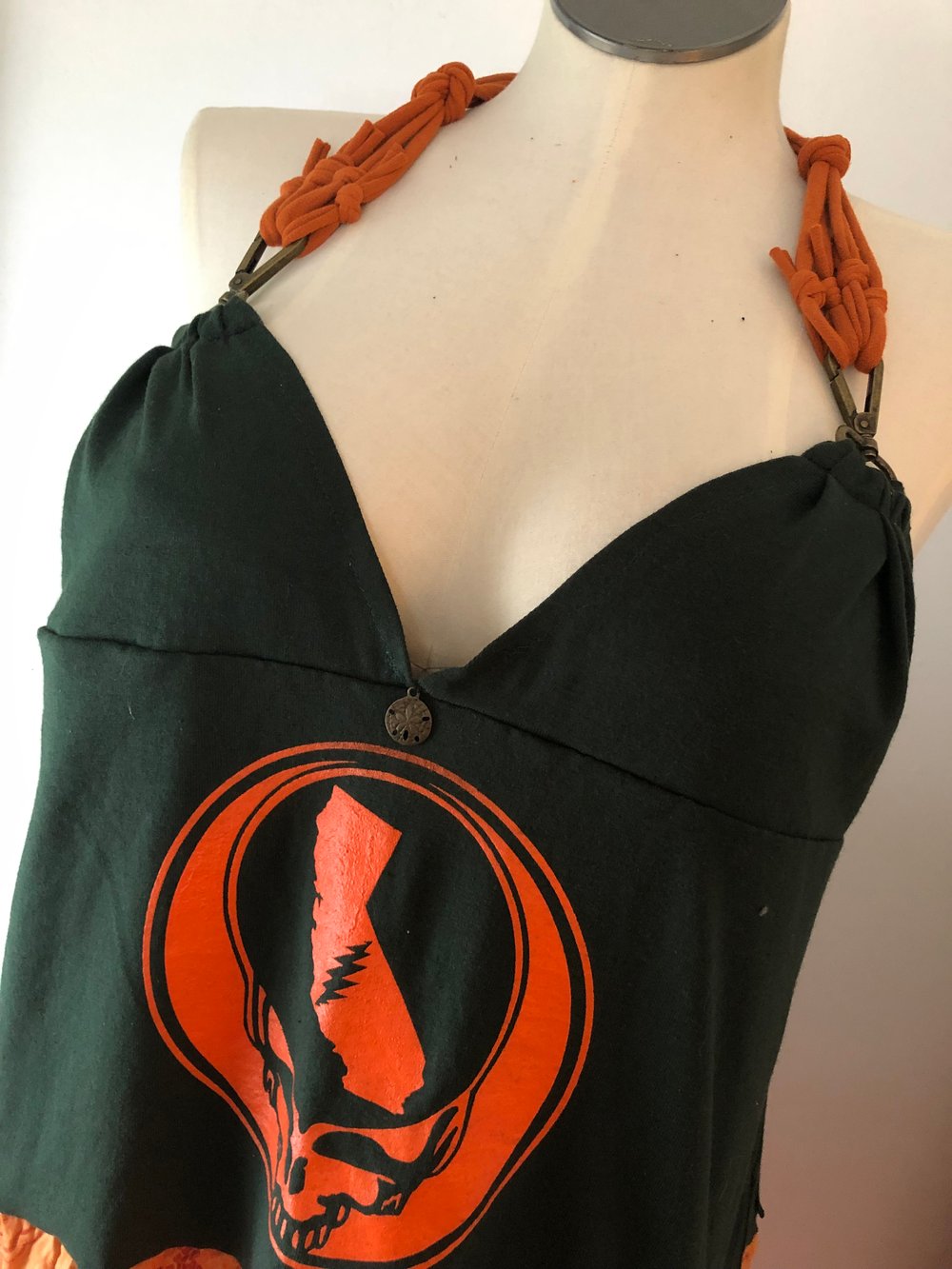 Upcycled “Grateful Dead/ Steal Your Face California” t-shirt halter maxi dress