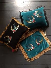 Image 1 of Teal Cotton Velvet Cushion With Swallow Embroidery Patches