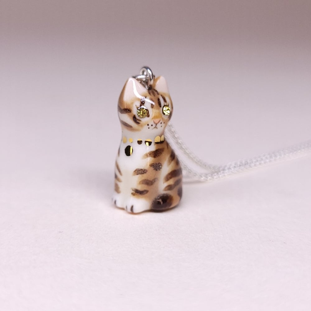 Image of Brown Tabby Porcelain & Sterling Silver Sitting Kitten Pendant