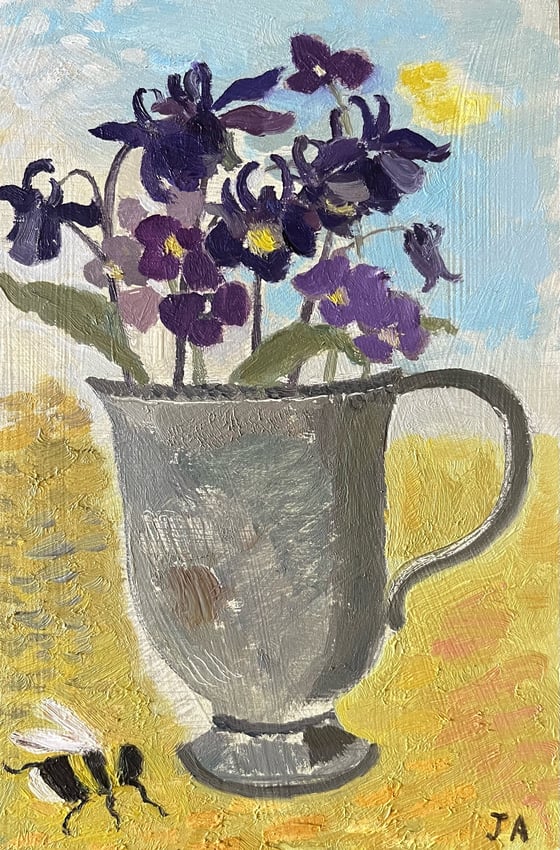 Image of Garden flowers in a pewter cup 