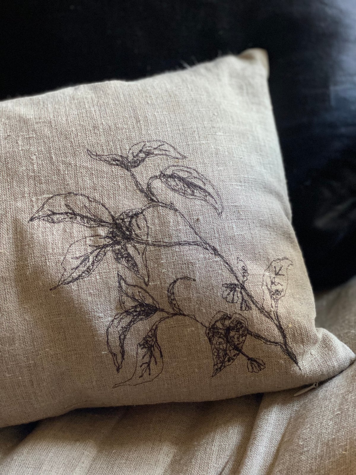 Image of Natural linen cushion with leaf embroidery 