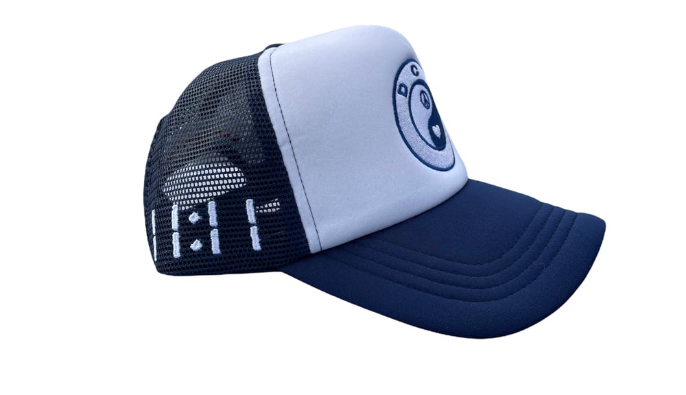 Image of Peace Love and Balance foam trucker NAVY