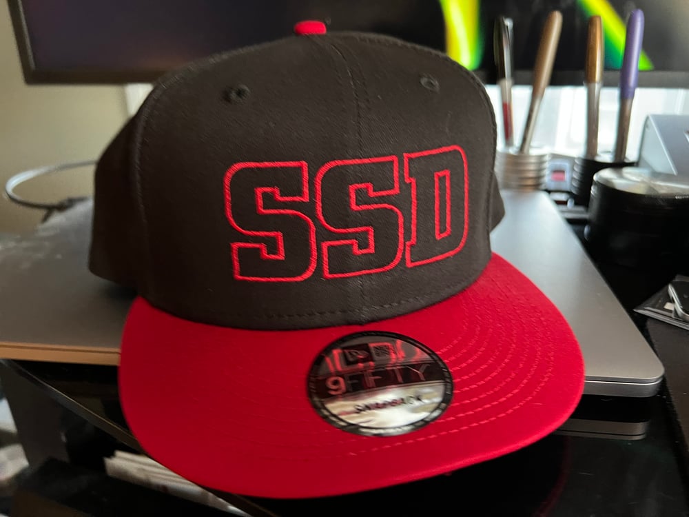 Black & Red New Era Flat Bill SnapBack Red SSD Outline Logo Hat