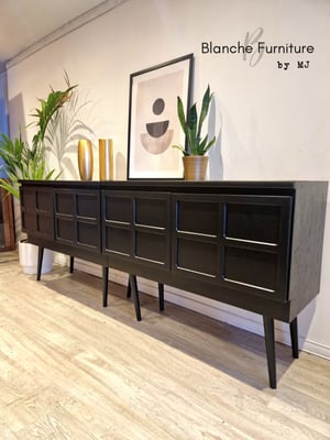 Image of Extra Long Nathan Sideboard in Black on tall wooden tapered legs