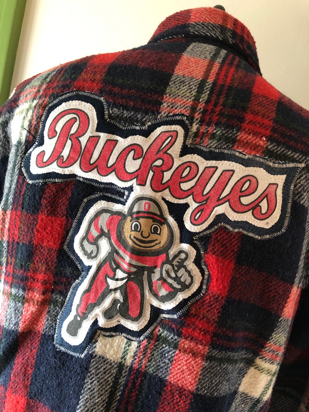 Upcycled “Brutus the Buckeye” quilted flannel jacket