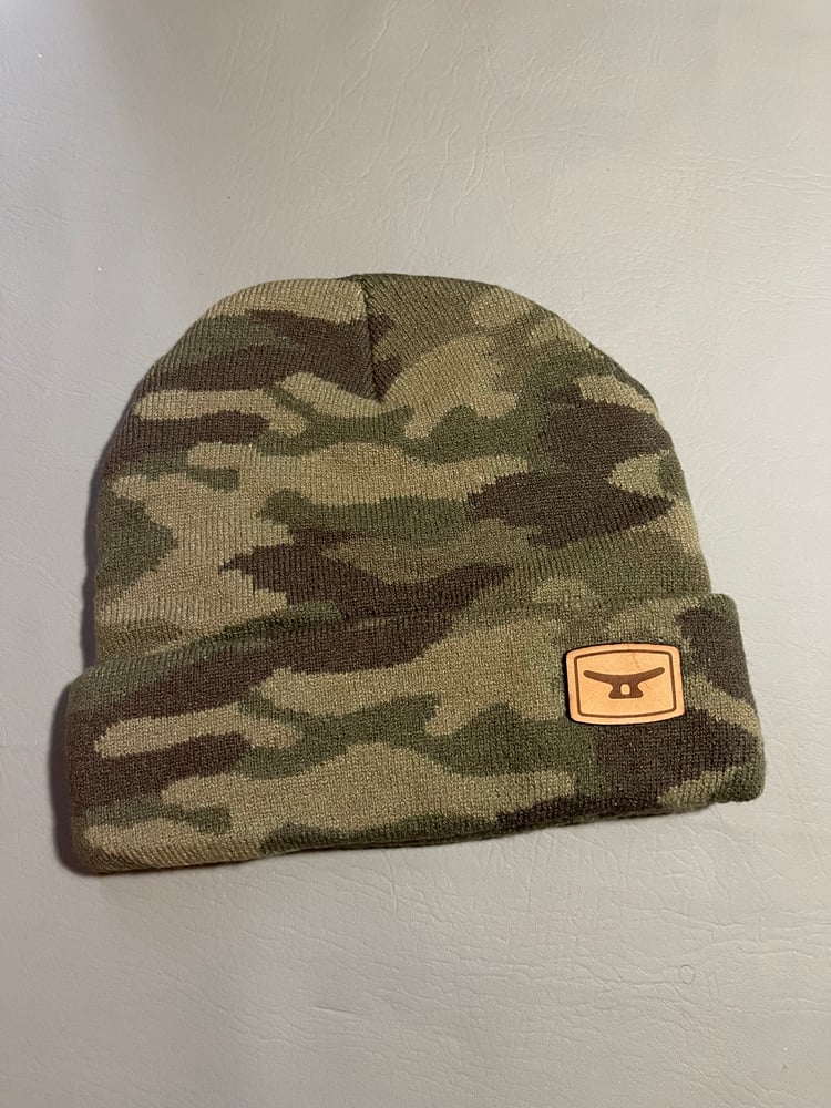 Image of MTD premium camo Knit beanie, Folded w/ authentic brown leather patch