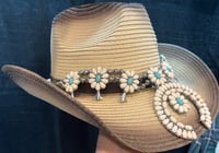 Image 2 of Cream/Brown 2 Tone Cowboy Hat Cream & Blue Stone Band 