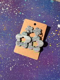 Image 2 of Small Grey/Teal Retro Flower- Dangly Clay Stud Earrings