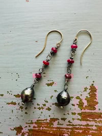 Image 13 of ruby and Tahitian pearl dangle earrings by peacesofindigo