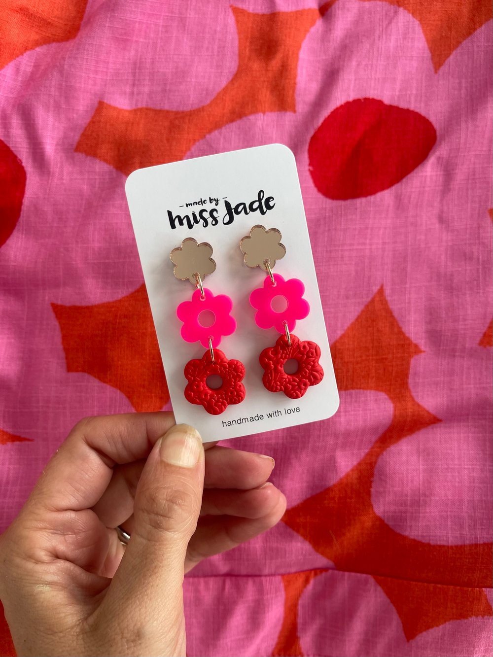 Image of Rose Gold + Hot Pink + Red Flower Dangles