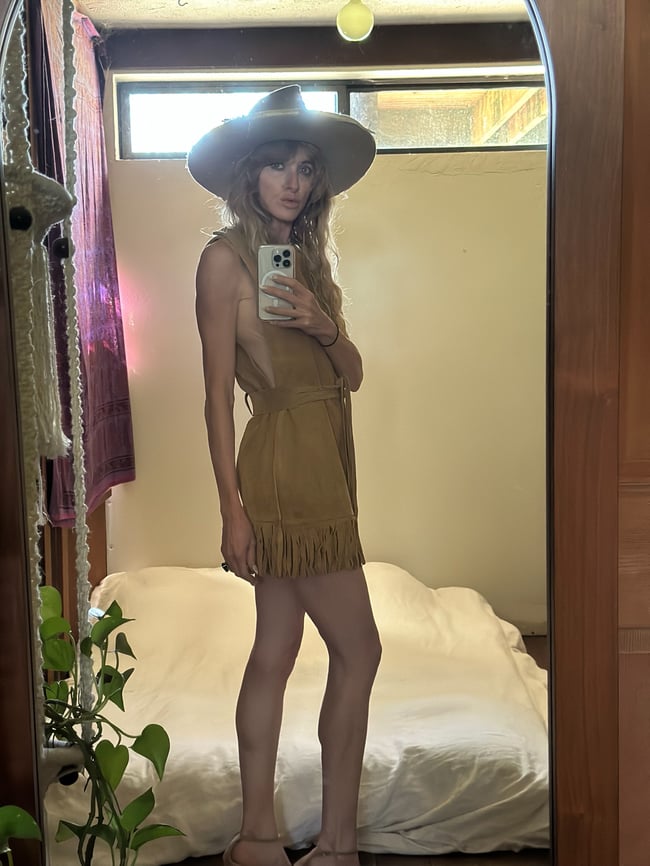 late 60s fringe wrap around suede mini dress