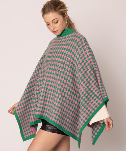 Image of Pink and Green Houndstooth Knit Poncho