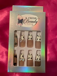 Image 1 of Nails - Long (White Tips/Black Hearts/Bling)