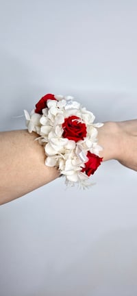 Image 1 of Red Rose & White Hydrangea Wrist Corsage
