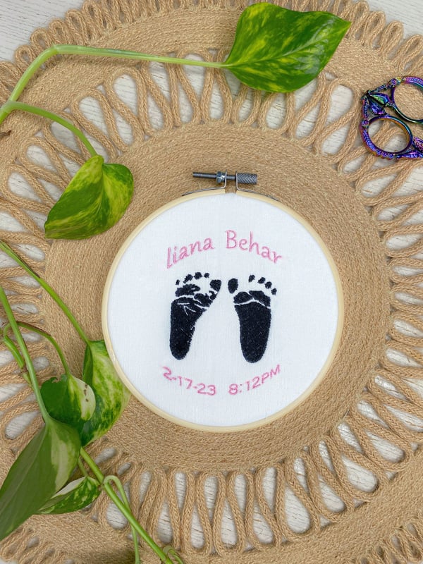 Image of Custom Embroidered Baby Footprint Keepsake (design 1)