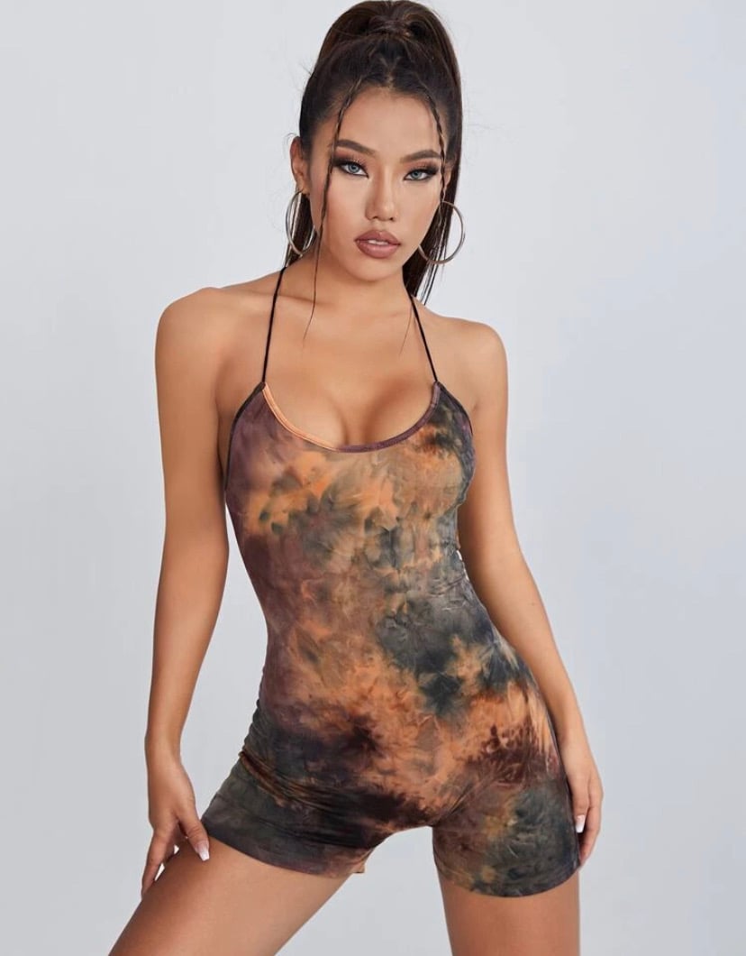 Image of Crisscross Backless Tie Dye Unitard Romper 