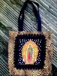 Image 1 of Virgin of Guadalupe leopard shoulder tote bag with vintage black lace trim