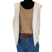 Image 6 of Reversible Upcycled Denim and Cream Textured Women’s Vest with Crochet  Appliqué - Size L 