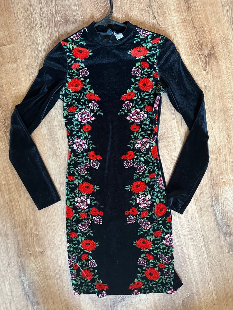 Image of DIVIDED H&M black velvet dress  symmetrical rose patern mock neck body con mini size S