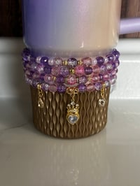 Image 1 of Glinda Inspired Pink & Purple Tumbler Bracelet Stack | Wizard-Inspired Cup Charm