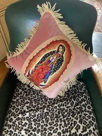 Image 8 of Pink Velvet Cushion with Virgin of Guadalupe appliqué patch