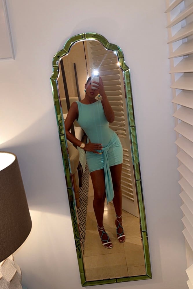 Image of AQUA BACKLESS MINI DRESS WITH DRAPED DETAIL (XS)