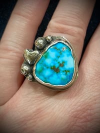 Image 3 of Kingman Turquoise Ring With Heart And Pearls . Size 7.5