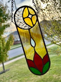 Image 1 of Moon, Star & Bloom Stained-Glass Suncatcher - Red Flower Window Hanging Art Decor