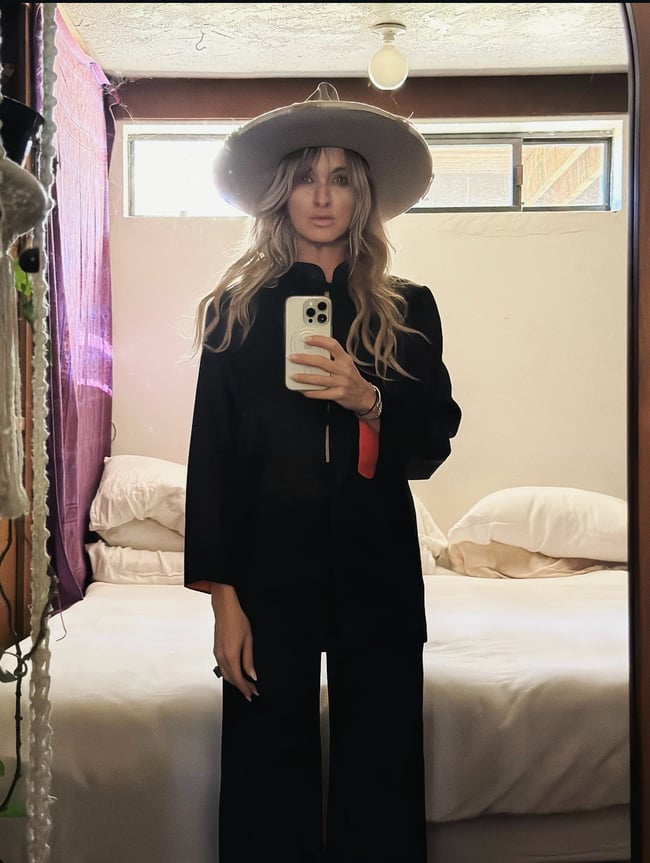 70s satin jacquard trouser set, red lining and hummingbird jacquard 