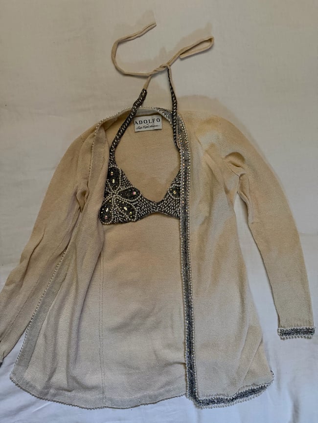 early 70s italian luxury knit trouser set w embellished bra top and sash belt