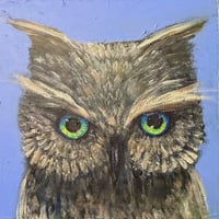 Image 1 of Acrylic Oil and Graphite painting on Wood “Blue Green Dawn Owl” by Sheila Cameron