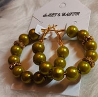 Image 2 of Olive Green Beaded Hoop Earrings 