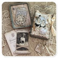 Image 3 of Vintage white tin with snippet book and lace samples
