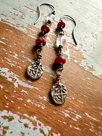 Image 7 of ruby and rainbow moonstone dangle earrings with sterling silver medallions