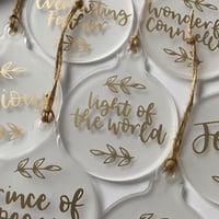 Image 3 of Set of 10 Acrylic Christmas Baubles – Hand Lettered Names of God with Twine