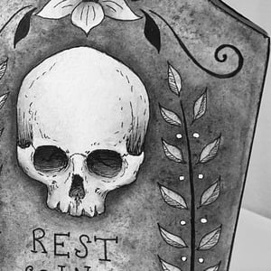 Skull Headstone Original Ink And Watercolor On Panel