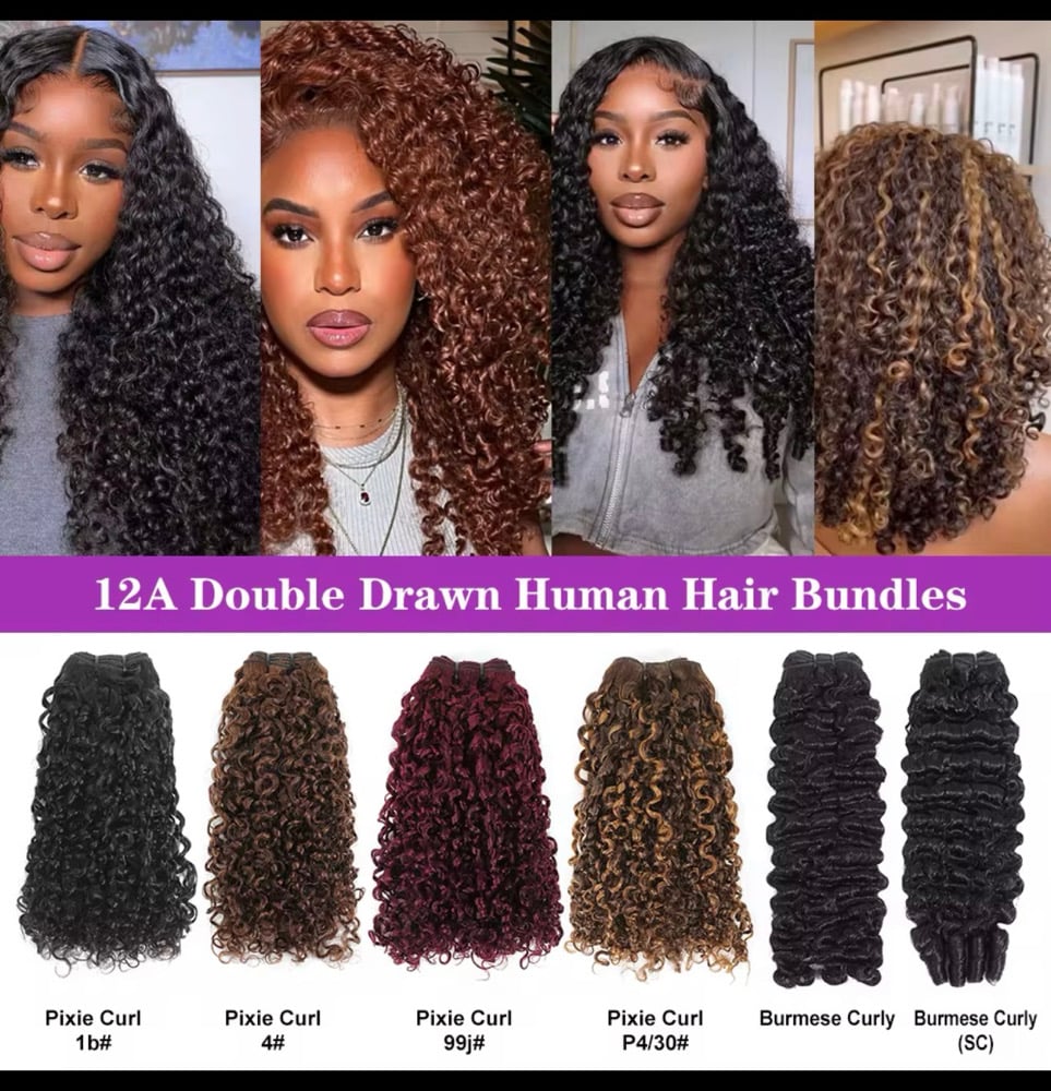Image of Pixie Curl Super Double Drawn Hair Bundles Virgin Brazilian CuticleAligned color 99J burgundy 