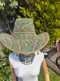Image 7 of Dolly cowboy hat - recycled sari fabric Dark Green pearls