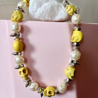 Image 4 of Big Chunky Yellow Skulls and Pearls One of a  Kind Necklace
