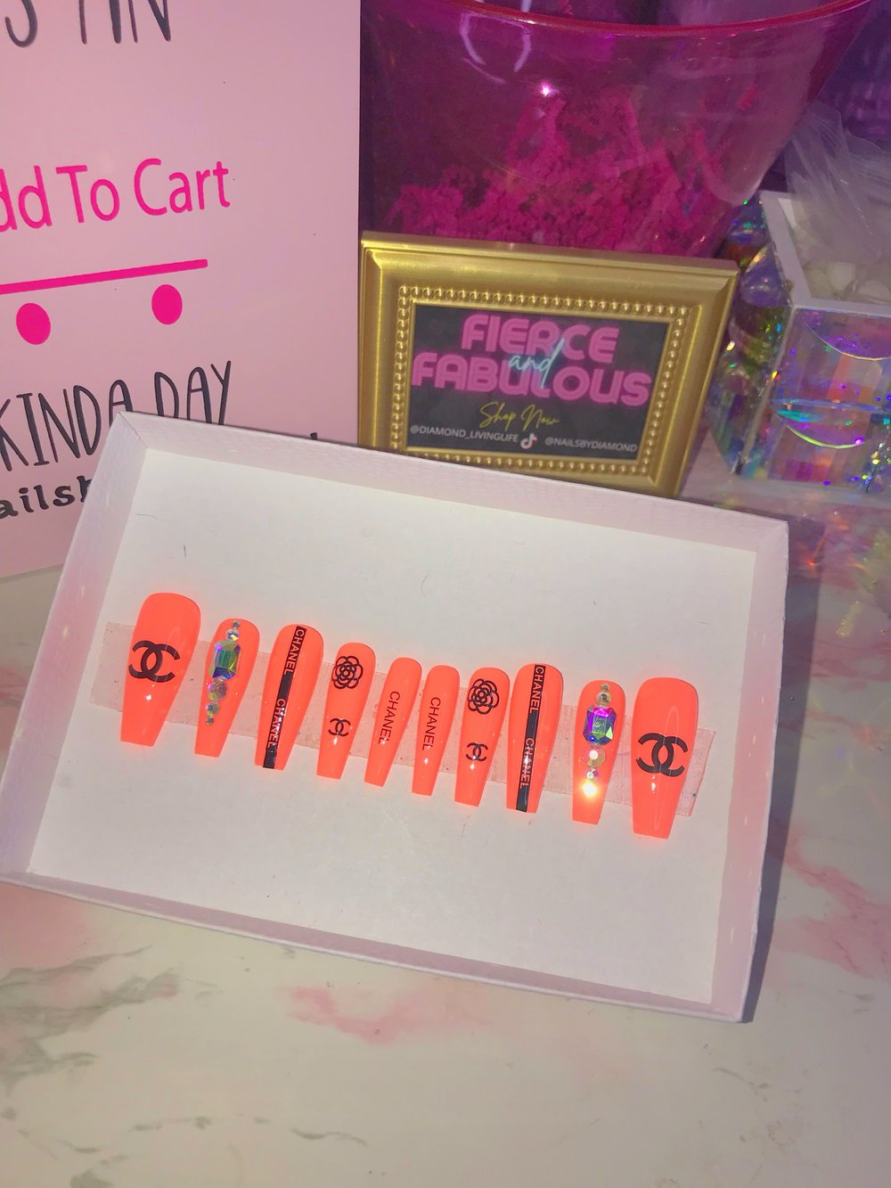 Image of CC Cream Orange Spring Coffin Bling Nail Set 